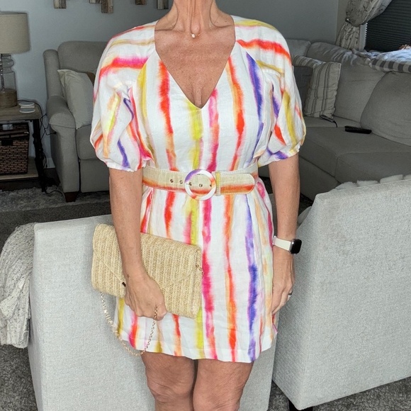 Nicholas The Label Linen Dress Shaanti Mini Rainbow Vibrant Puff Sleeve Belted - Picture 15 of 16